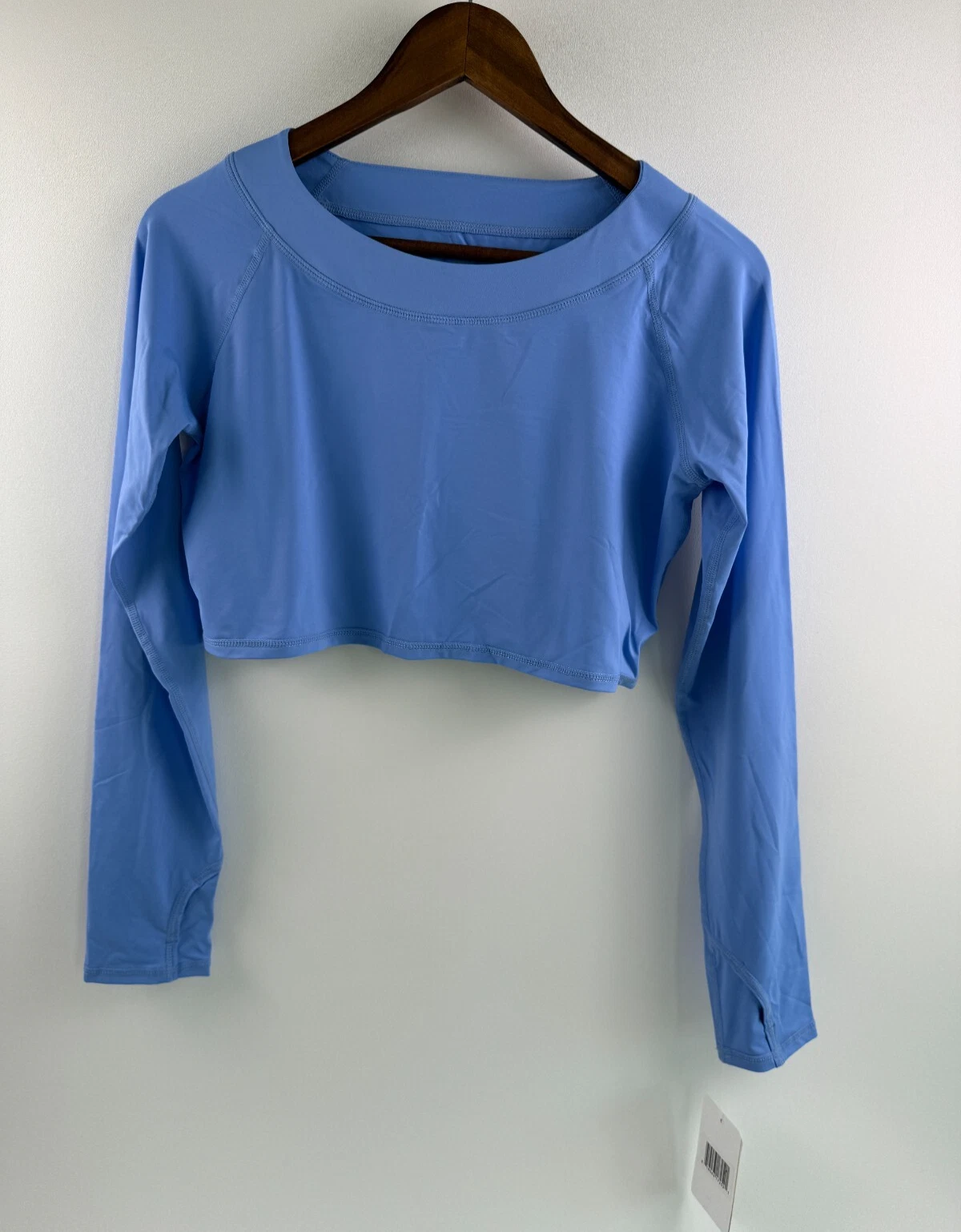 BlogUV Women Long Sleeve Crew Neck Crop Top Midriff Top w/Thumb Holes Blue L NWT