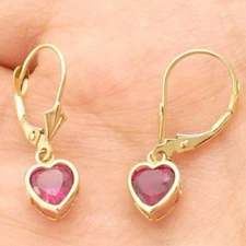 14K Yellow Gold Bezel Heart Dangle Leverback Earrings 1" with Ruby Gem Accent