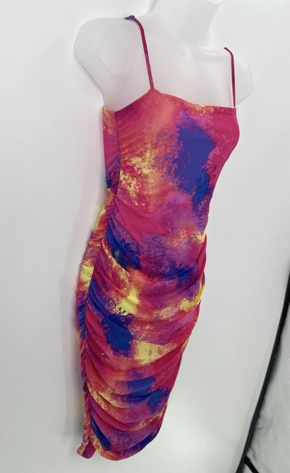 Vestido ceñido al cuerpo acanalado acuarela psicodélico Bar III XS Y2K vibraciones malla boho Foto 2 de 4
