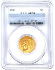 1909 G$5 Indian Head Gold Half Eagle Graded by PCGS as AU58 United States Coin