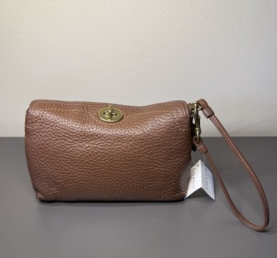 Coach Pebble Leather Brown Wristlet Turn Lock Gold Hardware Logo Classic NWT