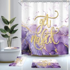 4Pcs Purple Marble Shower Curtain Set, Abstract Get Naked Cracked Lines Omber...