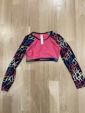 Justice Sport Girl s Rashguard Swimsuit Top L 12/14 Long Sleeve Pink Black
