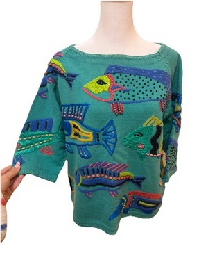 Vintage 90s Michael Simon Beaded Fish Teal Short Sleeve Top