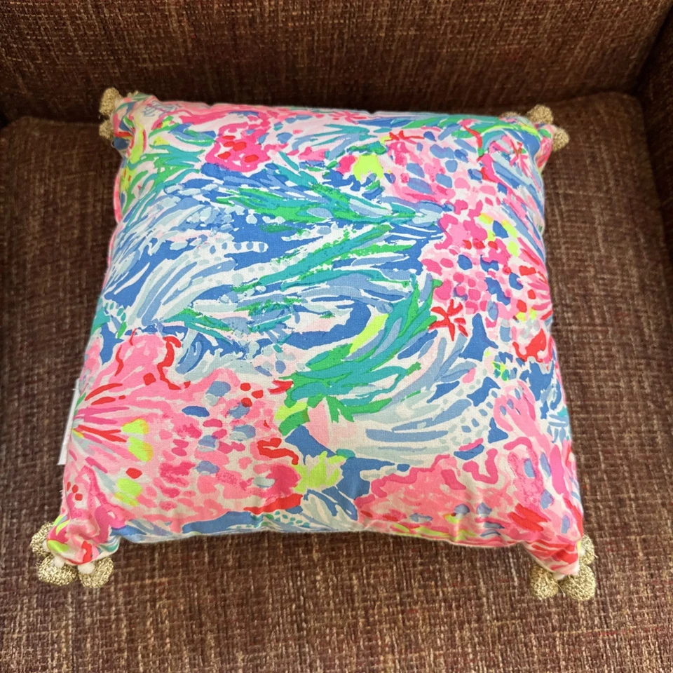 LILLY PULITZER POTTERY BARN GOLD BEADEDSEAHORSES REVERSIBLE PILLOW BLUEWHITEPINK - Image 3 of 4