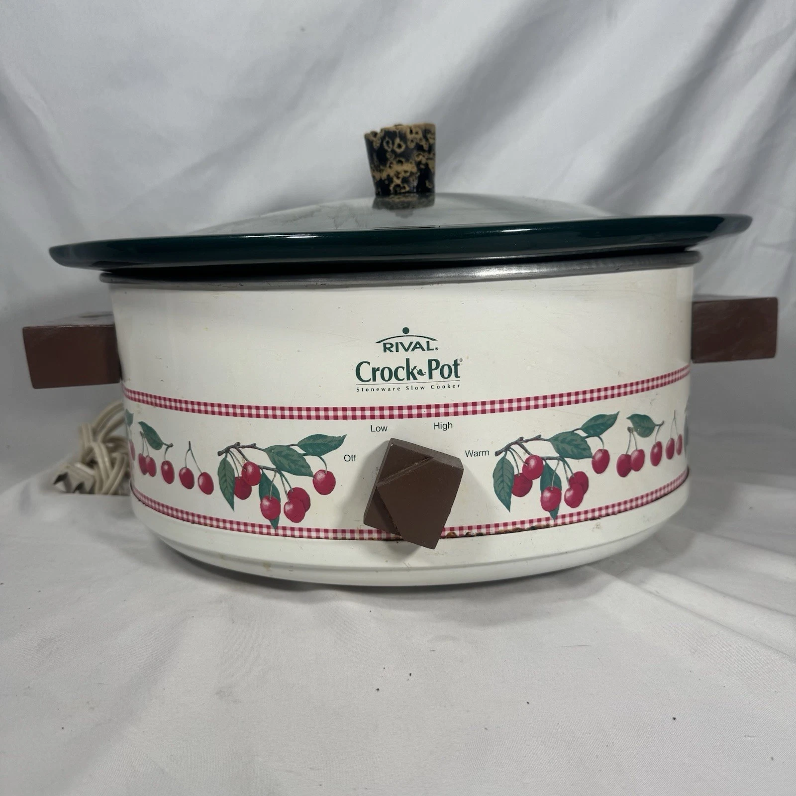 RIVAL Crock Pot/Slow Cooker 6 QT Oval CHERRIES #37601 Works Wood Knob And Handle