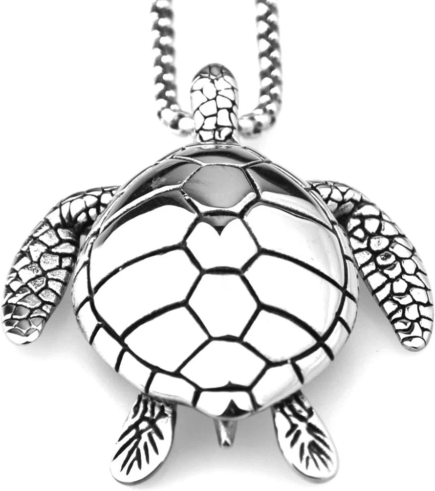 Collar Colgante Tortuga Marina Grande Plata Acero Inoxidable Joyería Grande Hombres, Mujeres Foto 3 de 4