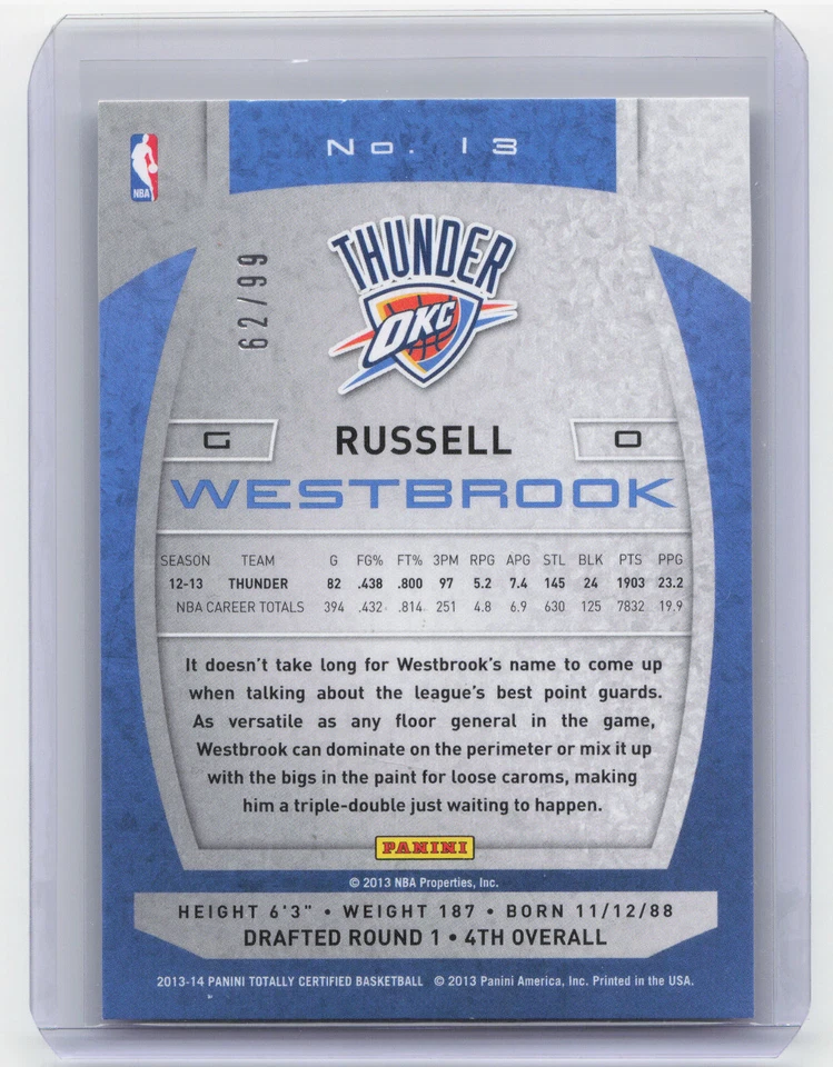 2013-14 Panini Totally Certified #13 Russell Westbrook Red #/99 - Image 2 of 2
