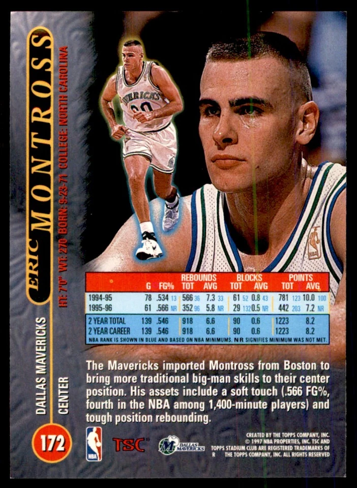 Figurinhas e cartas colecionáveis de basquete 1996-97 Stadium Club Eric Montross #172 - Imagem 2 de 2