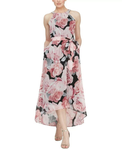 SL Fashions Women's Pink Floral Print High Low Maxi Dress - 12 - Pink