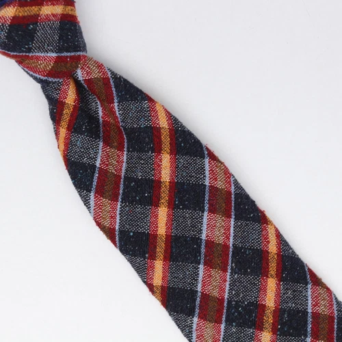 John G Hardy Mens Wool Silk Necktie Charcoal Gray Red Orange Check Coarse Weave