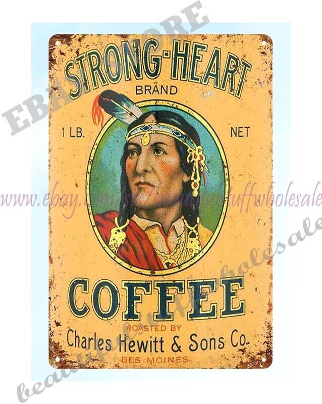 1920s STRONG-HEART COFFEE NATIVE AMERICAN metal tin sign room