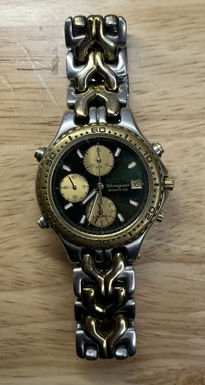 SEIKO 7T32-6G20 CHRONOGRAPH SPORTS 100 TWO TONE WRISTWATCH GOLD SILVER - Foto 1 di 1