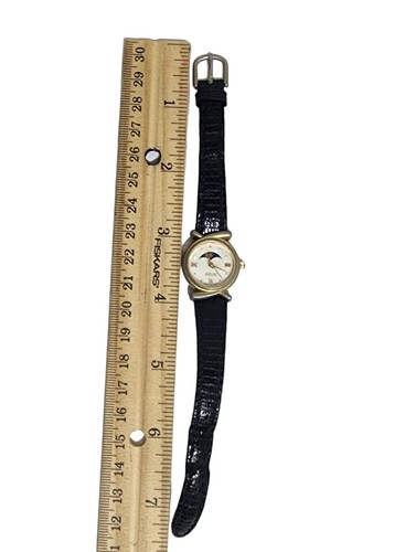 Vintage Relic Moon Phase Watch Women 26mm Gold Tone Black Leather Band UNTESTED - Picture 2 of 6