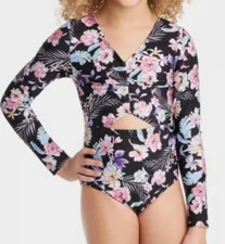 NEW Art Class Girl's Long Sleeve One Piece Cutout Swimsuit Size Large 10/12