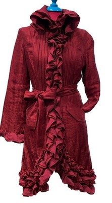 Samuel Dong Womens XL Ruffle Trench Coat Belted Dress Jacket Ruby Red Shimme NWT