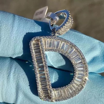 4Ct Baguette Lab-Created Diamond D Letter Initial Pendant 14K White Gold Plated