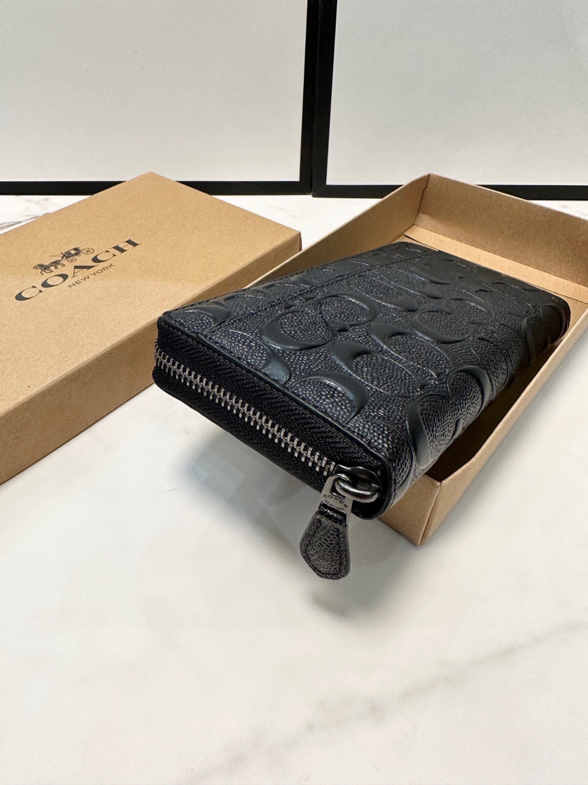 NEW  Coach Embossed Signature Black Leather Long Accordion Zip Wallet