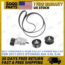 Engine Belt Tensioner & Idler Pulley V-Ribbed Belt Kit For Hyundai Kia 2.4 2.0L