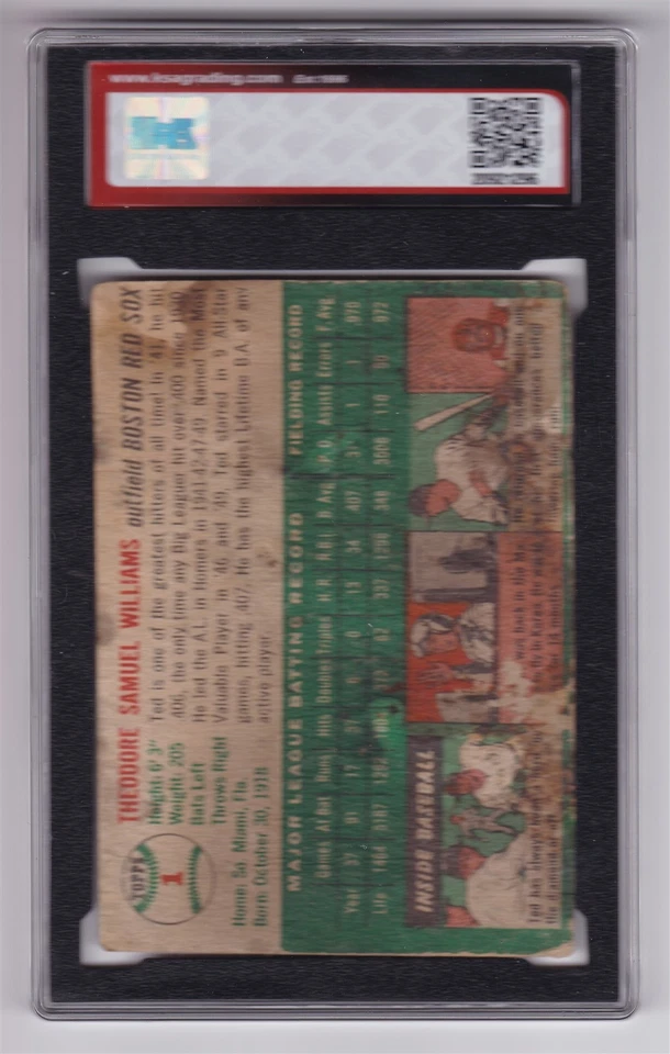 Tarjeta de béisbol Ted Williams 1954 Topps 1 grado KSA auténtica Foto 2 de 2