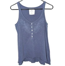 L.O.G.G. by H&M Blue Half Button Ruffled Floral Design Tank Top Size Small