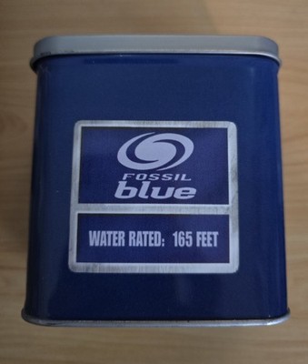 Vintage Fossil Watch Metal Storage Container Tin Blue