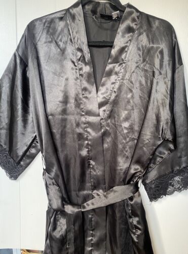 Fredericks Of Hollywood Vintage Satin Black Lingerie Robe Kimono Tie Waist Sz S