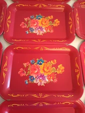 Vtg 13 Red Floral Hand Painted Tole Kitchen Tidbit Trays 6.6x4.5 Toleware Metal