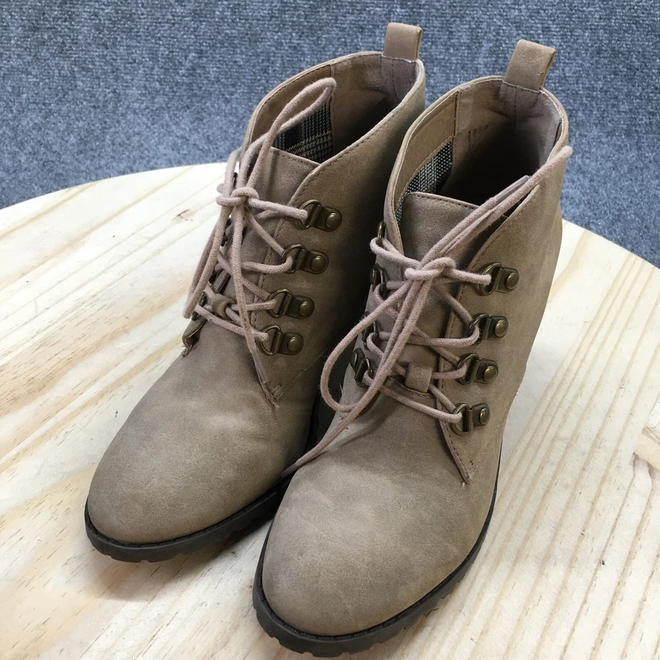 Botas restringidas para mujer 7,5 M tacón con cordones botines al tobillo marrón imitación cuero Foto 3 de 4