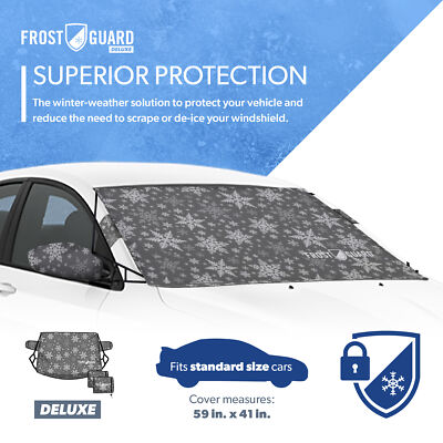 FrostGuard Deluxe Copertura per parabrezza auto, copertura completa, per ghiaccio e neve, dimensioni standard, spazzola tergicristallo + copertura per specchietto laterale, cinghie rapide e pannelli
