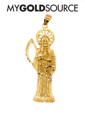14k Gold Sensenmann Santa Muerte Diamantschliff Gelbgold Anhänger (3 Größen S/M/L)