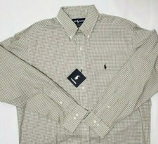 Ralph Lauren Mens Dress Shirt Yarmouth White Green Brown Plaid Sz 16 34/35