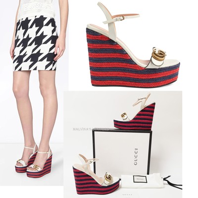GUCCI AITANA SHOES GG PLATFORM ESPADRILLE WEDGES SANDALS 39.5 US 9.5