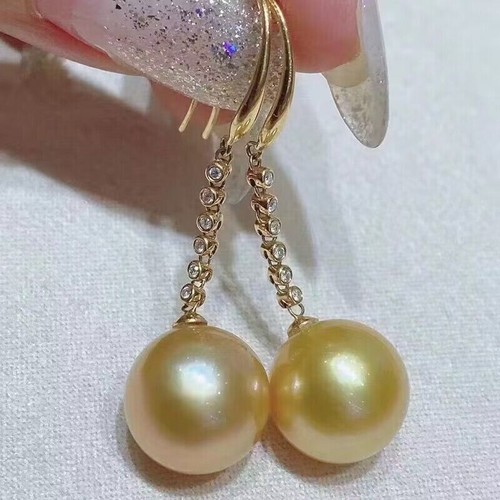 classic pair of 10-11mm south sea gold pearl dangle earring 925s(mtrh) - Picture 2 of 4