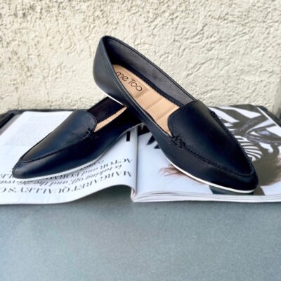 ME TOO Audra Black Leather Loafers Shoes Pointed Toe White Sole Flats Sz 6 M NEW
