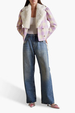 Love Shack Fancy Dumont Jacket M Lavender Check Tweed Faux Fur Collar Coat $695