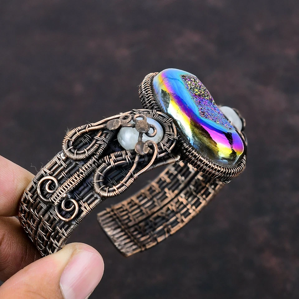 Gift For Her Titanium Druzy Wire Wrapped Adjustable Bangle Copper Jewelry - Image 4 of 4