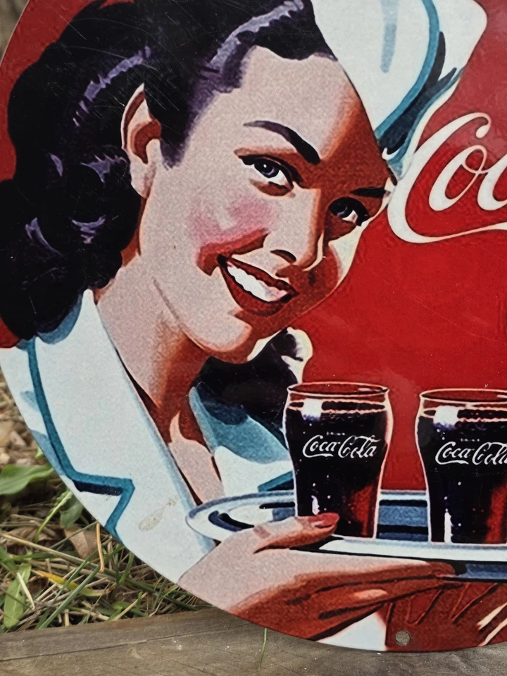 VINTAGE REFRESHING DRINK COCA-COLA PORCELAIN SIGN BEVERAGE SODA COKE  12"  - Image 3 of 4
