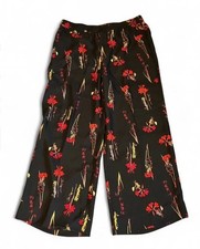 Boho Wide Leg Pants Black Floral Elastic Waist Womens Size Large