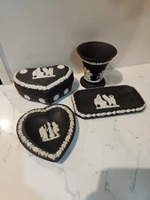 Wedgwood Black Jasperware Heart Shape Lidded Trinket Box, Vaseline, Tray & Heart