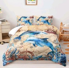 AILONEN Dolphin Comforter Set Queen Size,Retro Voyage Map Dolphin Bedding Set...
