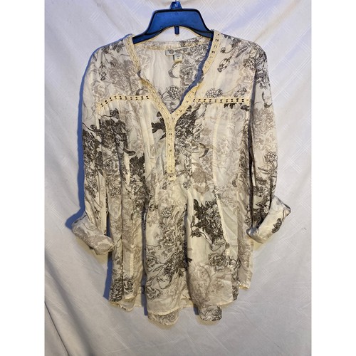 Damen XL Vintage America Top leicht fließend Viskose Blumen neutral Boho