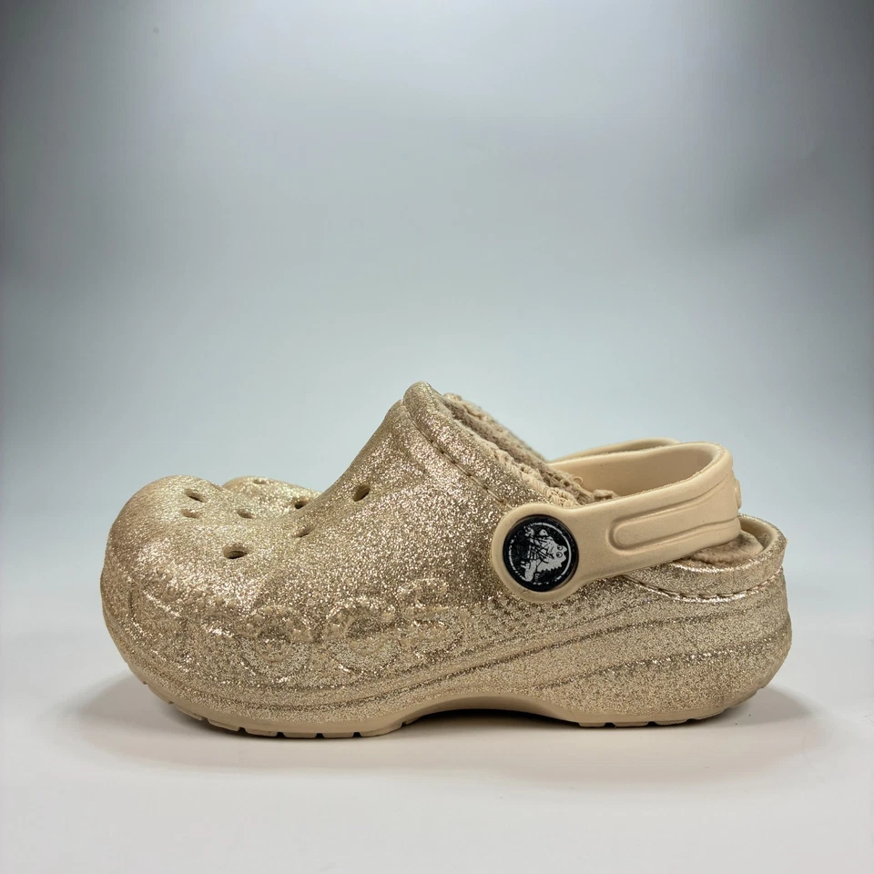 Crocs Baya Lined Glitter Clogs Gold Warm Fuzzy Slip On Shoes 207655 Youth Size 9 - Image 4 of 4