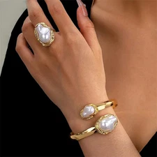Gold Tone 2 Piece Jewelry Set Ring & Bangle with Baroque Pearl Accents