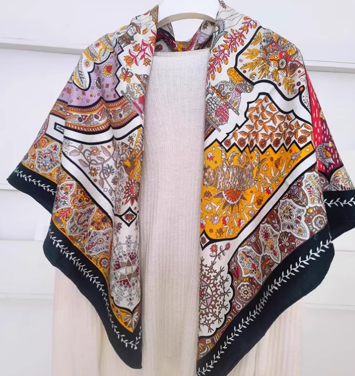 70%Cashmere 30% Silk Wrap Scarf Brown Totem Print Double Face Print Shawl 43''