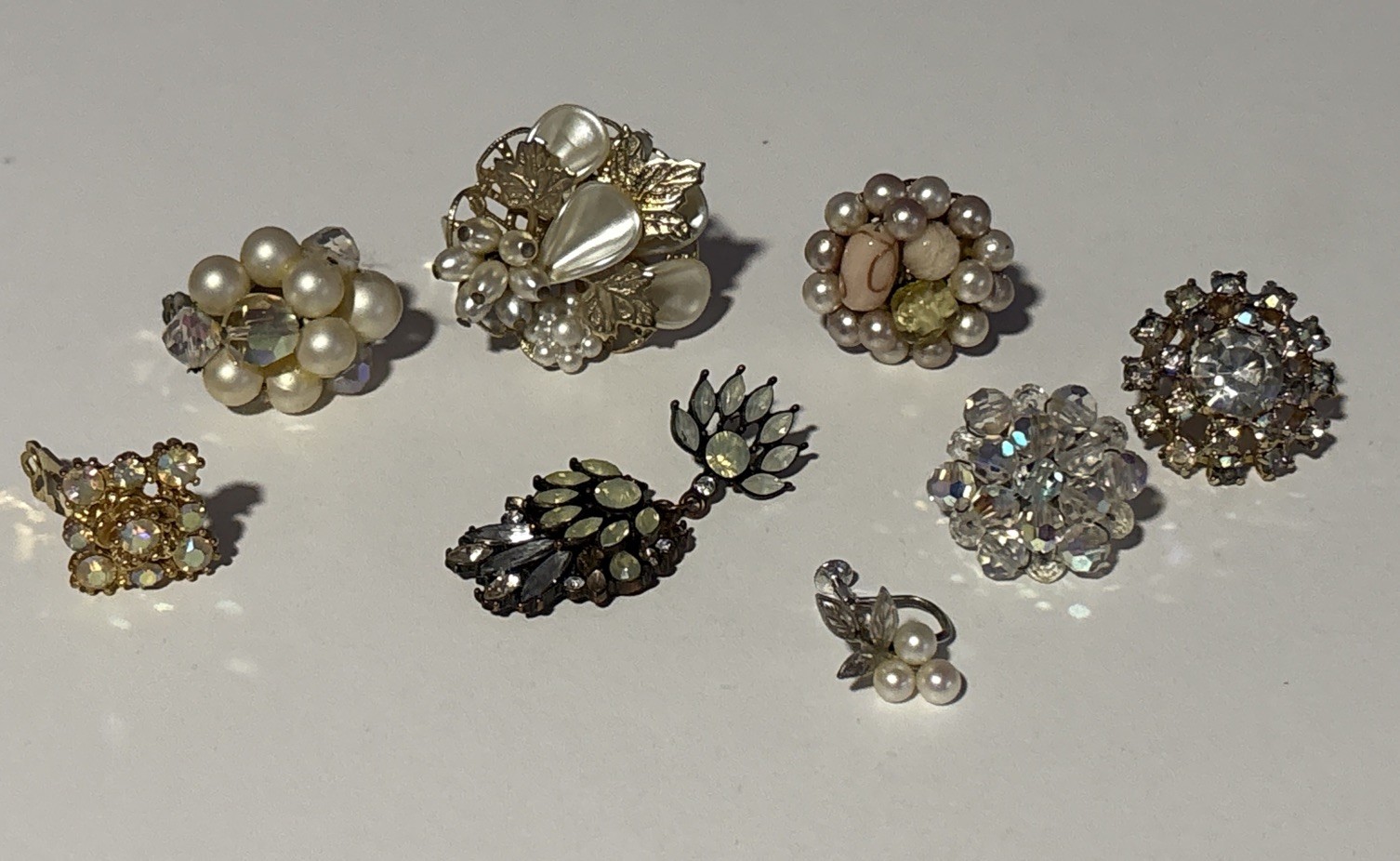 Vintage Lot of 8 Single Crystal Faux Pearl Rhinestone Earrings Clip On - Crafts