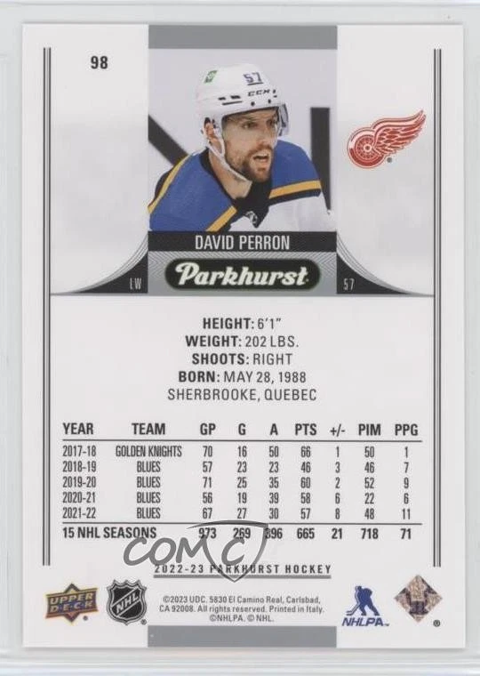 2022-23 Upper Deck Parkhurst Gold Foil David Perron #98 - Image 2 of 2