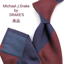 Drake's Necktie Navy Bordeaux Stripe Silk 100% Japan Made