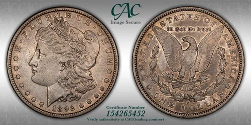 1892-S $1 Morgan Silver Dollar CAC Certified, High Res Photos, XF Details Toning