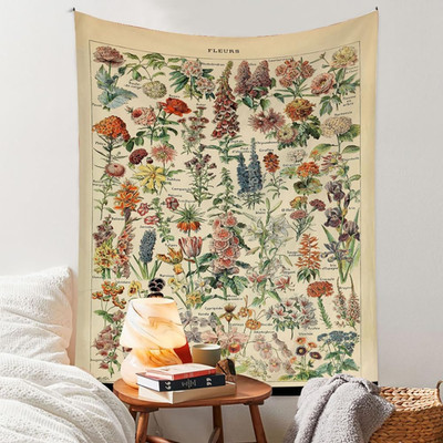 Vintage Flowers Tapestry 48 X36 , Long Vertical Wall Hanging Reference Illustrat